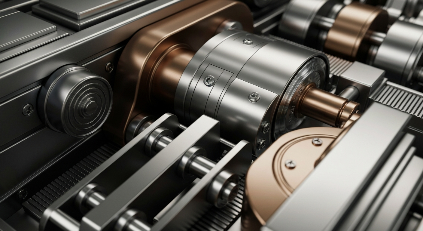 An extreme close-up of intricate, interlocking gears and levers in a banking vault, conveying a sense of institutional financial power and stability.
