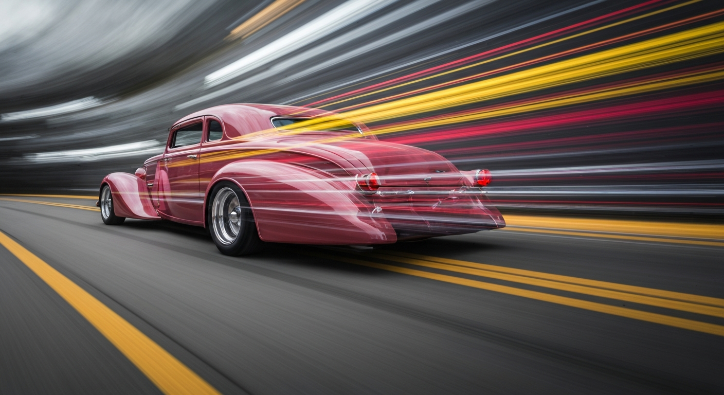 Heavily blurred, sweeping brushstrokes of bright red, orange, and yellow paint, conceptually representing the speed and energy of a classic hot rod car in motion.