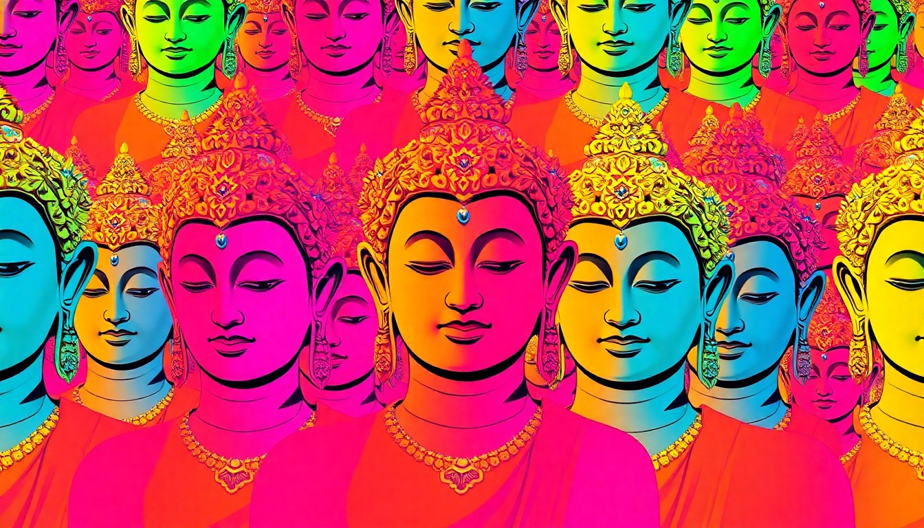 A vibrant, abstract silkscreen print featuring a repeating pattern of a jewel-encrusted Buddha statue in bold neon colors, conceptually representing the ornate artwork and cultural significance of the Wat Dhammararam Temple.