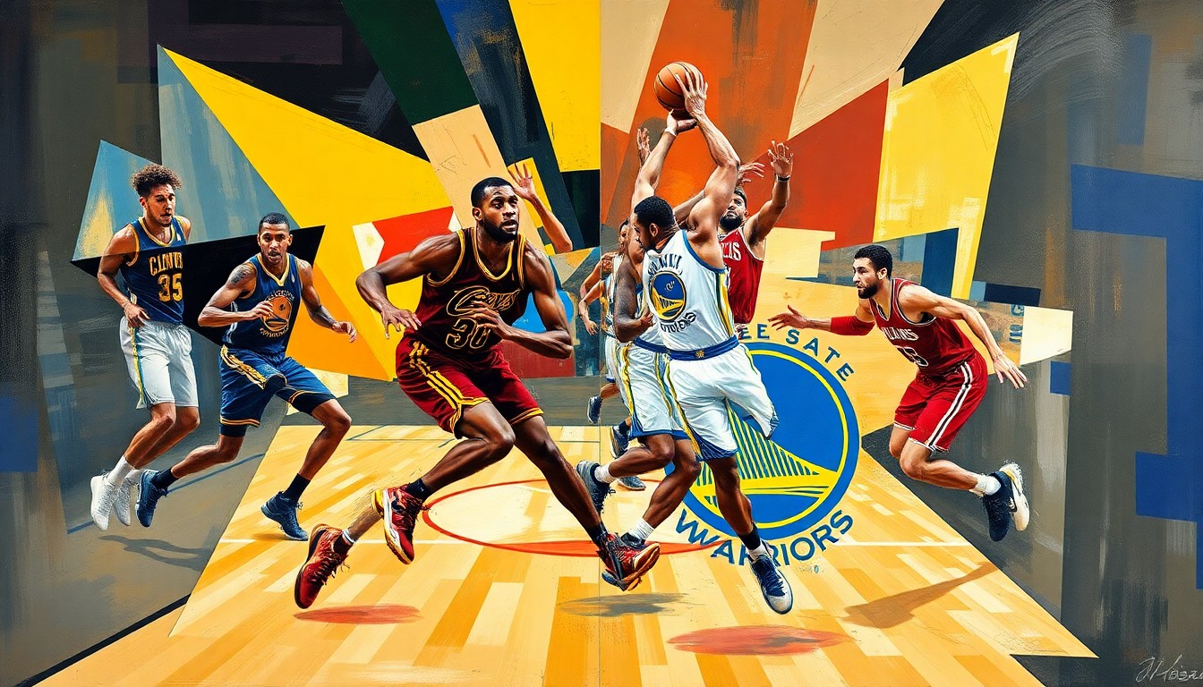 A fragmented, geometric painting depicting the dynamic movement and energy of a basketball game, with the players' forms abstracted into sharp, overlapping planes of color and shape.