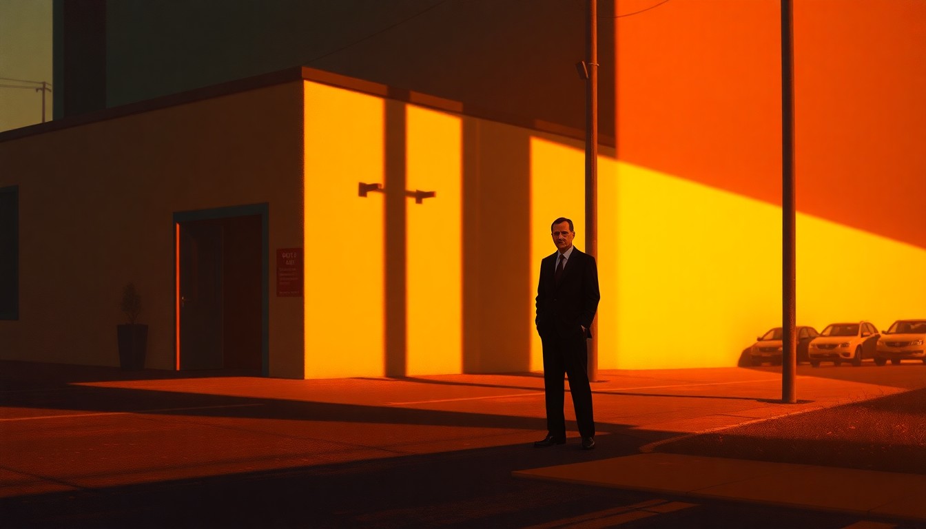 A solitary figure stands on a quiet street corner, the warm glow of the sun casting long shadows across the pavement, capturing the contemplative mood of a political outsider's campaign.