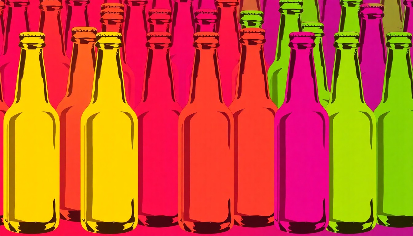 A highly stylized, pop art-inspired image featuring a repeated pattern of a single, iconic craft beer bottle or glass in a grid of vibrant, neon-like colors and heavy black outlines, capturing the energy and creativity of Boise's craft beer scene.