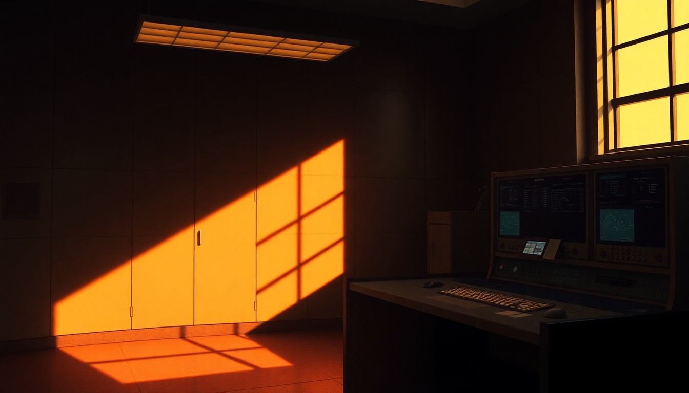 A serene, photorealistic painting of an empty nuclear reactor control panel, with warm sunlight streaming through a window and deep shadows cast across the equipment, conveying a sense of quiet contemplation around the complex geopolitical issues surrounding Iran's nuclear program.