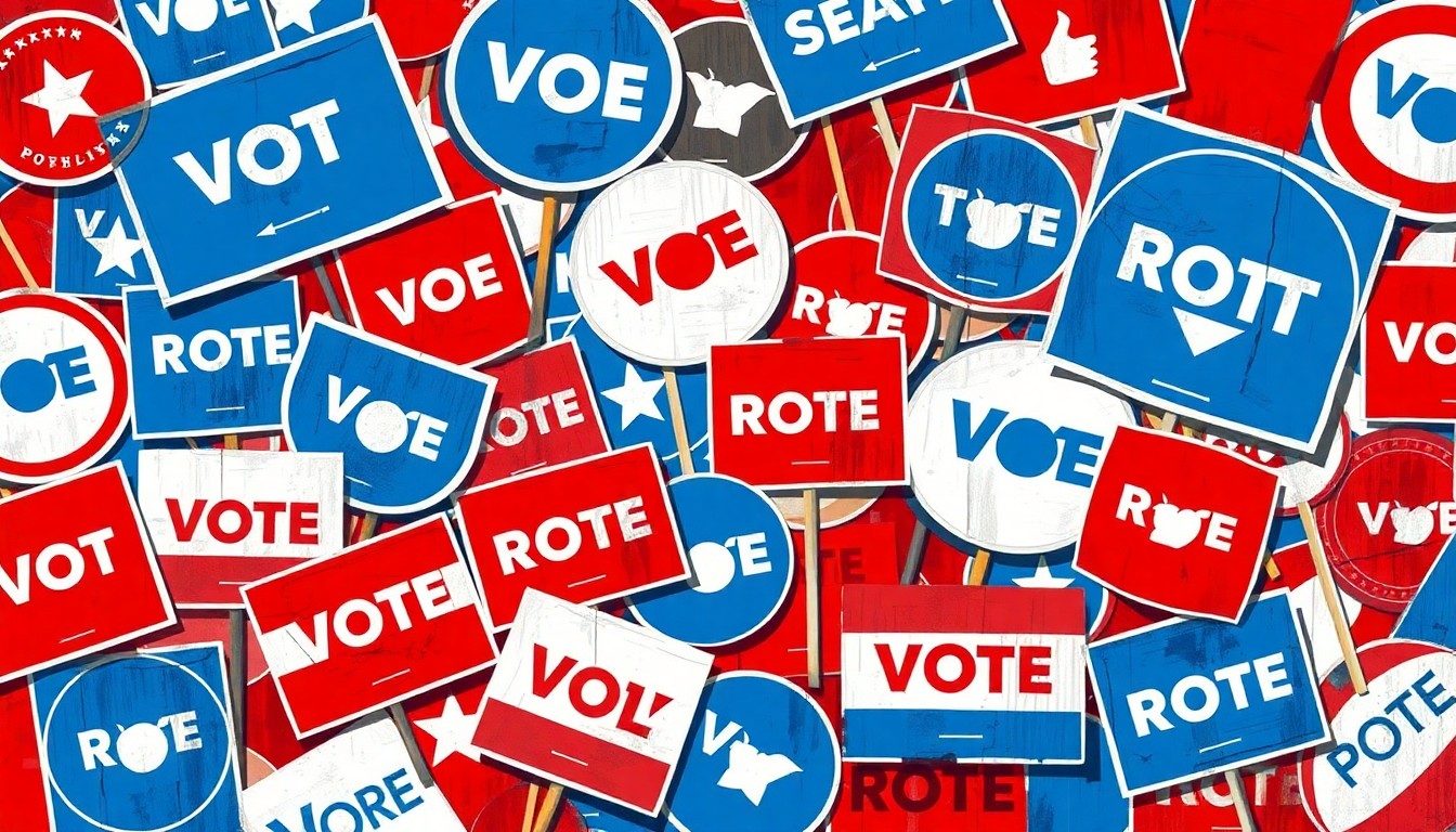 A vibrant, abstract painting featuring overlapping, fractured shapes and lines in shades of red, white, and blue, conceptually representing the divisive political climate of the Ohio governor's race.