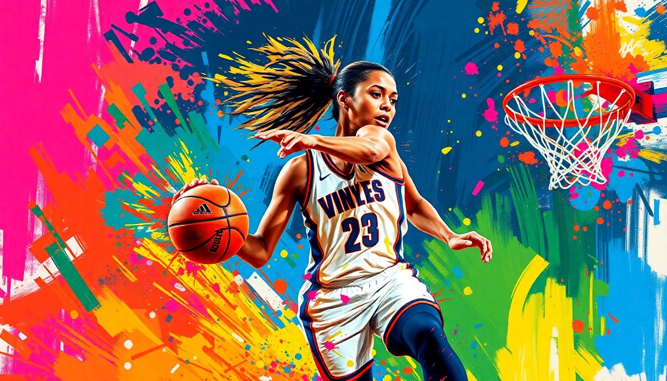 An abstract expressionist painting in vibrant neon colors depicting the dynamic movements and raw energy of a WNBA basketball player, with faces and logos dissolving into unrecognizable brushstrokes.