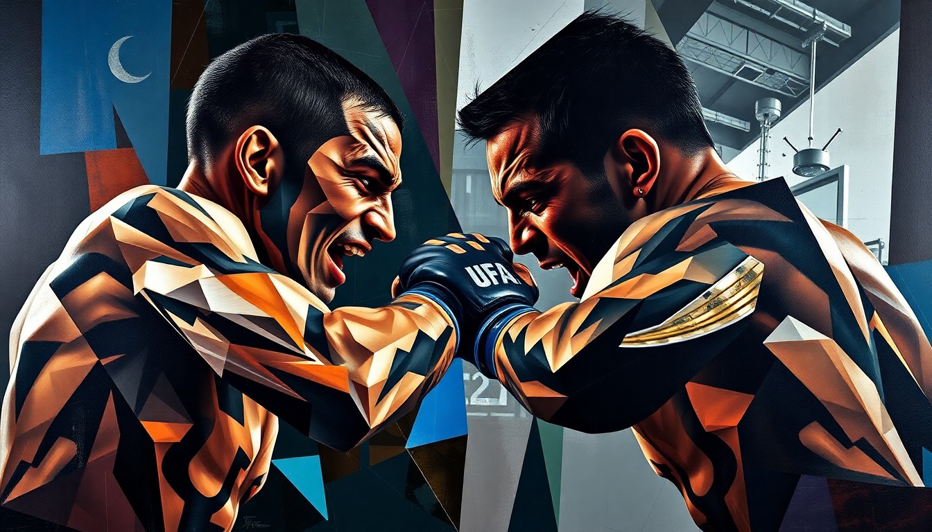 A fractured, cubist-style painting depicting the intense action and energy of the UFC 327 fight between Jiri Prochazka and Carlos Ulberg, with bold, angular shapes and contrasting colors representing the raw power and unpredictability of the match.