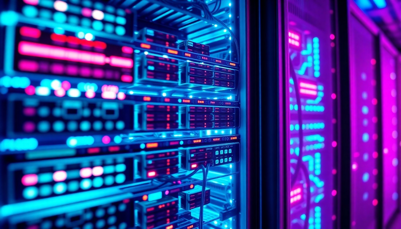 A highly detailed, glowing 3D macro illustration of a futuristic data center server rack, with neon cyan and magenta lights illuminating the intricate hardware components, conceptually representing the complex digital infrastructure behind modern data centers.