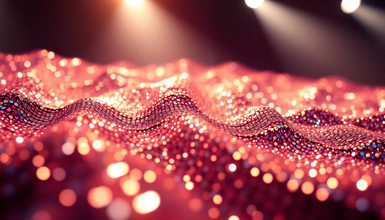 An abstract close-up photograph of shimmering, glittering sequins illuminated by dramatic studio lighting, conveying the high-energy glamour of a major concert performance.