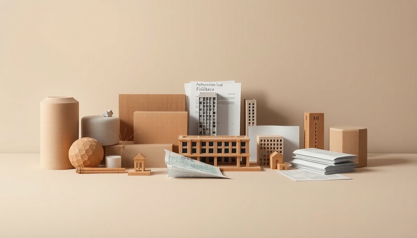 A minimalist studio photograph featuring a collection of premium, geometric objects in muted earth tones arranged elegantly on a clean, monochromatic background, conceptually representing the various elements of an urban redevelopment project.