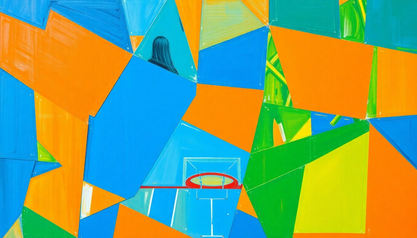 A vibrant, cubist-style painting depicting the chaotic energy and overlapping perspectives of a high school girls' basketball game, with players and the court fragmented into sharp, angular shapes in a palette of bold blues, oranges, and greens.