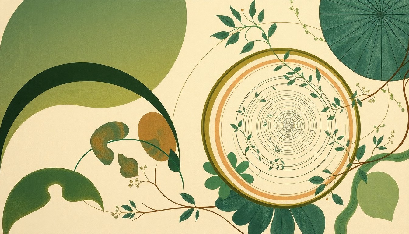 An abstract painting with sweeping geometric shapes and botanical patterns in earthy tones, conceptually illustrating the interconnected web of urban wildlife and plant life.