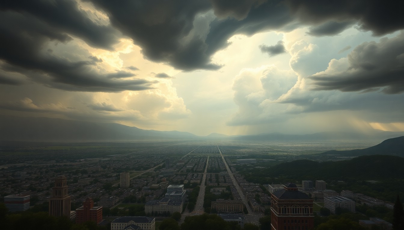 A sweeping, atmospheric landscape painting depicting the dramatic, natural transition of weather conditions over the city of Pasadena, with the urban landscape dwarfed by the overwhelming scale of the approaching storm system.