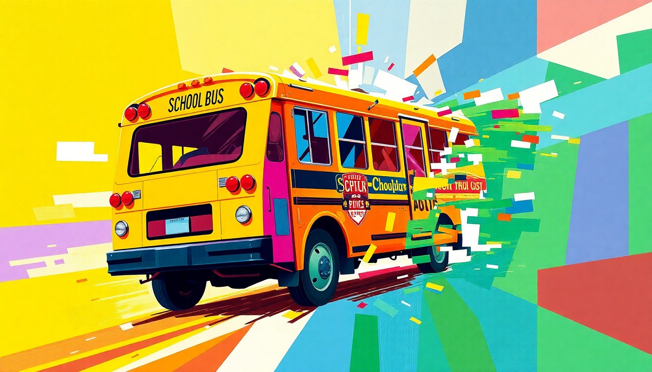 A dynamic, abstract painting featuring a fragmented school bus in motion, with overlapping geometric shapes and bold, primary colors conveying the intensity of the political debate over education policy.