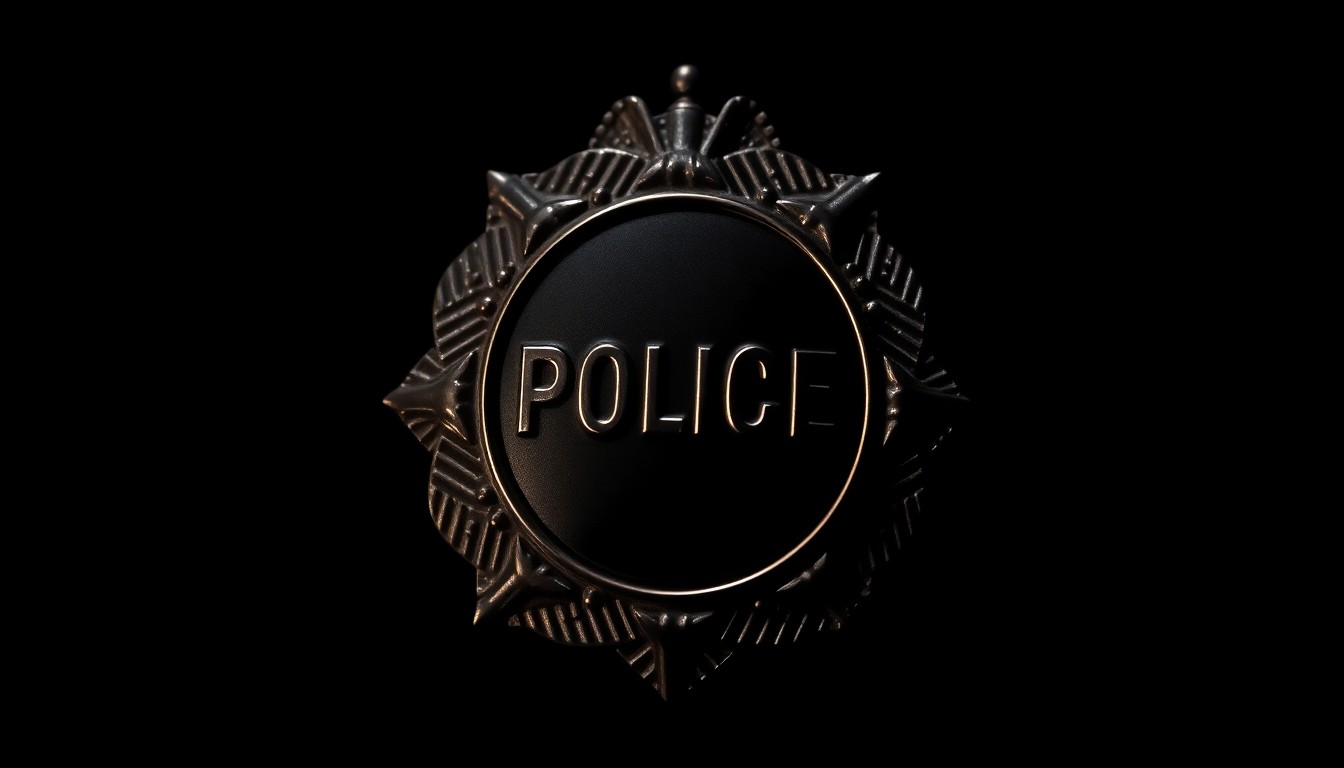 An extreme close-up of a police badge reflecting harsh, direct camera flash against a pitch-black background, conceptually representing the need for clear officer identification during protests.