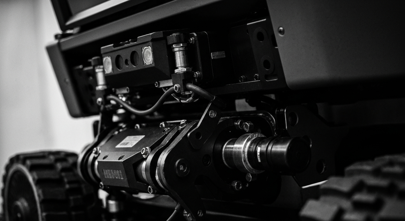 A high-contrast, black and white close-up image of the intricate mechanical components and sensors of a Knightscope security robot, conveying the power and sophistication of the company's autonomous technology.