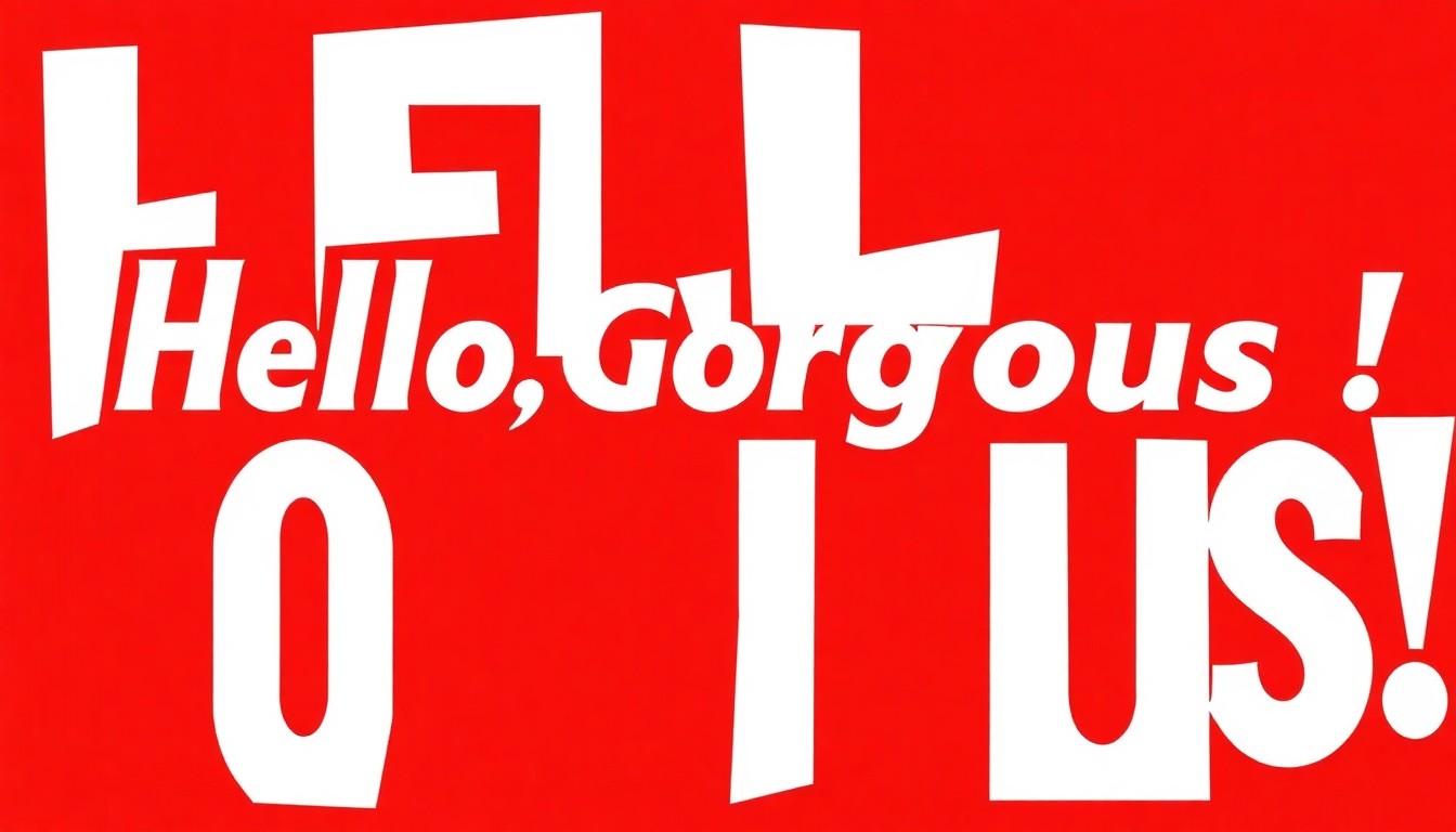 A bold, abstract illustration featuring stark, jagged geometric shapes in shades of red, white, and black, conceptually representing Barbra Streisand's famous 'Hello, Gorgeous!' catchphrase without using any text or words.