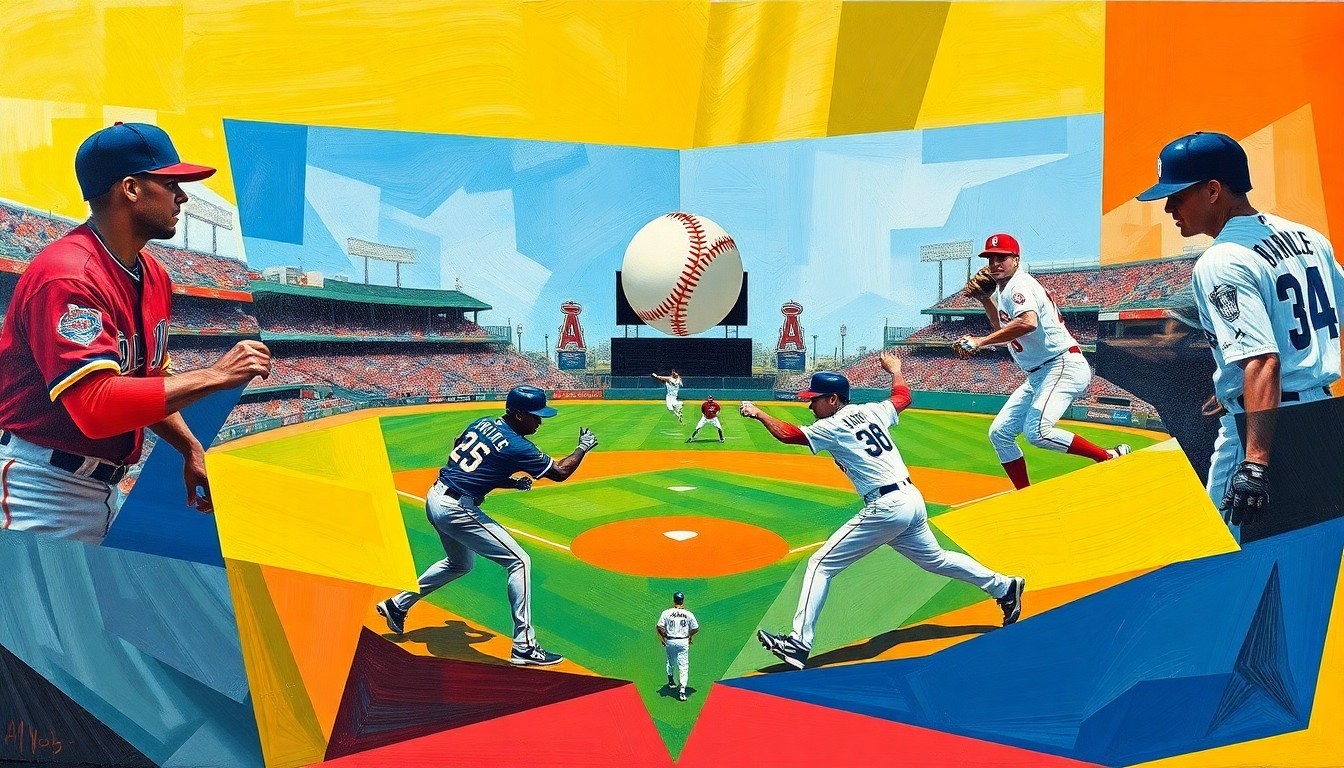 A cubist, geometric painting depicting a baseball game between the San Diego Padres and Los Angeles Angels, with the players and ball deconstructed into abstract shapes and planes of vibrant colors.