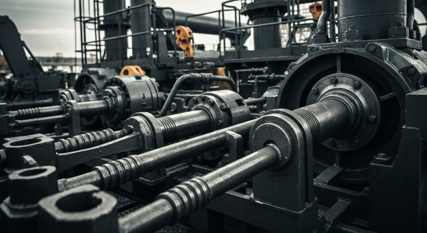 An extreme close-up of various industrial gears, valves, and metal components used in oil and gas extraction, conveying the complex, powerful mechanics that drive the energy sector.