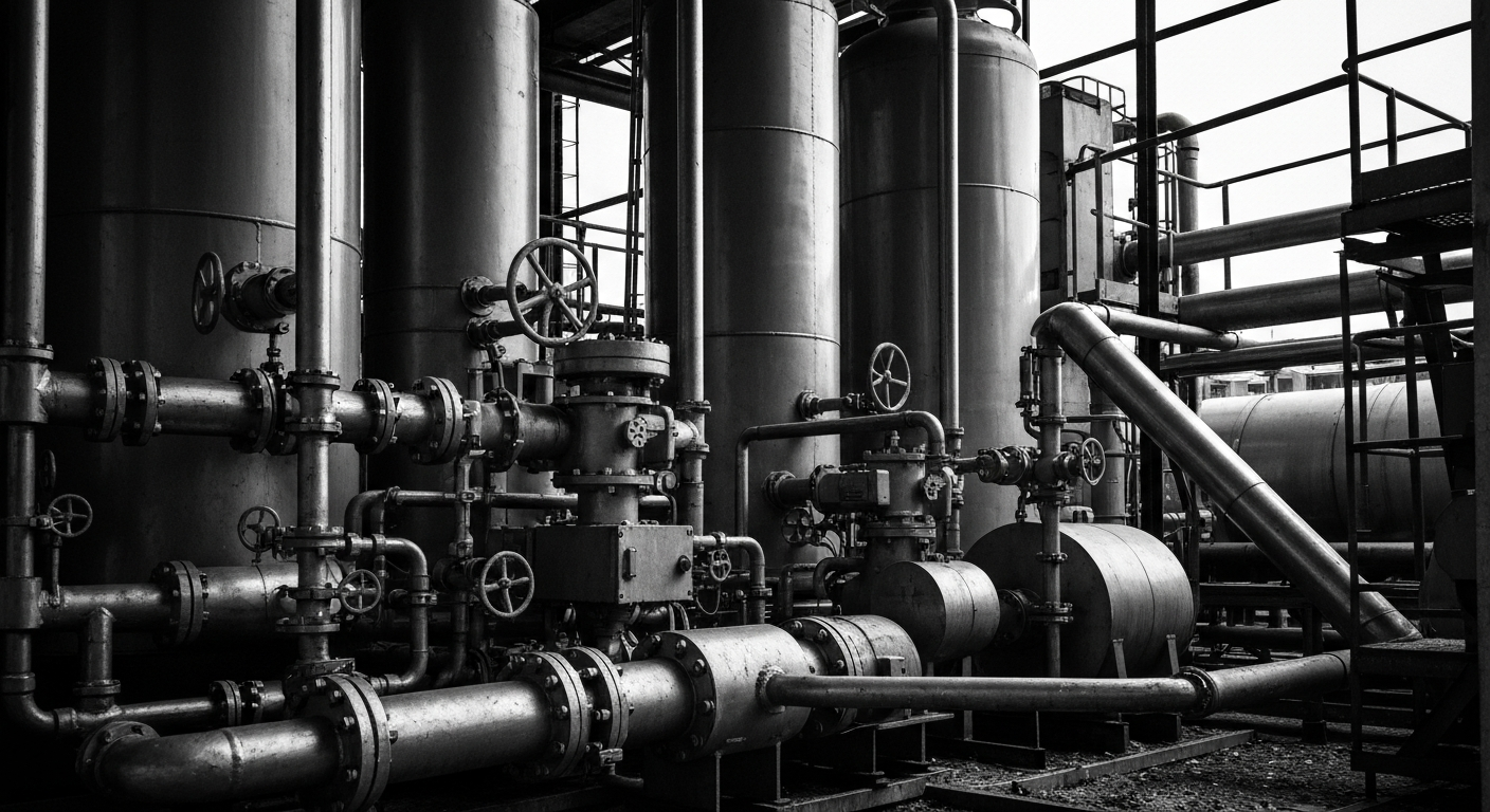 A high-contrast, black-and-white close-up image of industrial machinery and pipes, conceptually representing the heavy, physical infrastructure involved in Montauk Renewables' landfill gas-to-energy operations.