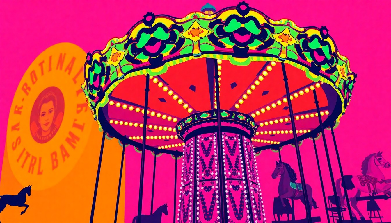 A bold, colorful silkscreen-style illustration featuring a classic carnival ride like a Ferris wheel or carousel, repeated in a grid pattern with a high-contrast, neon-infused palette, capturing the joyful spirit of a county fair.