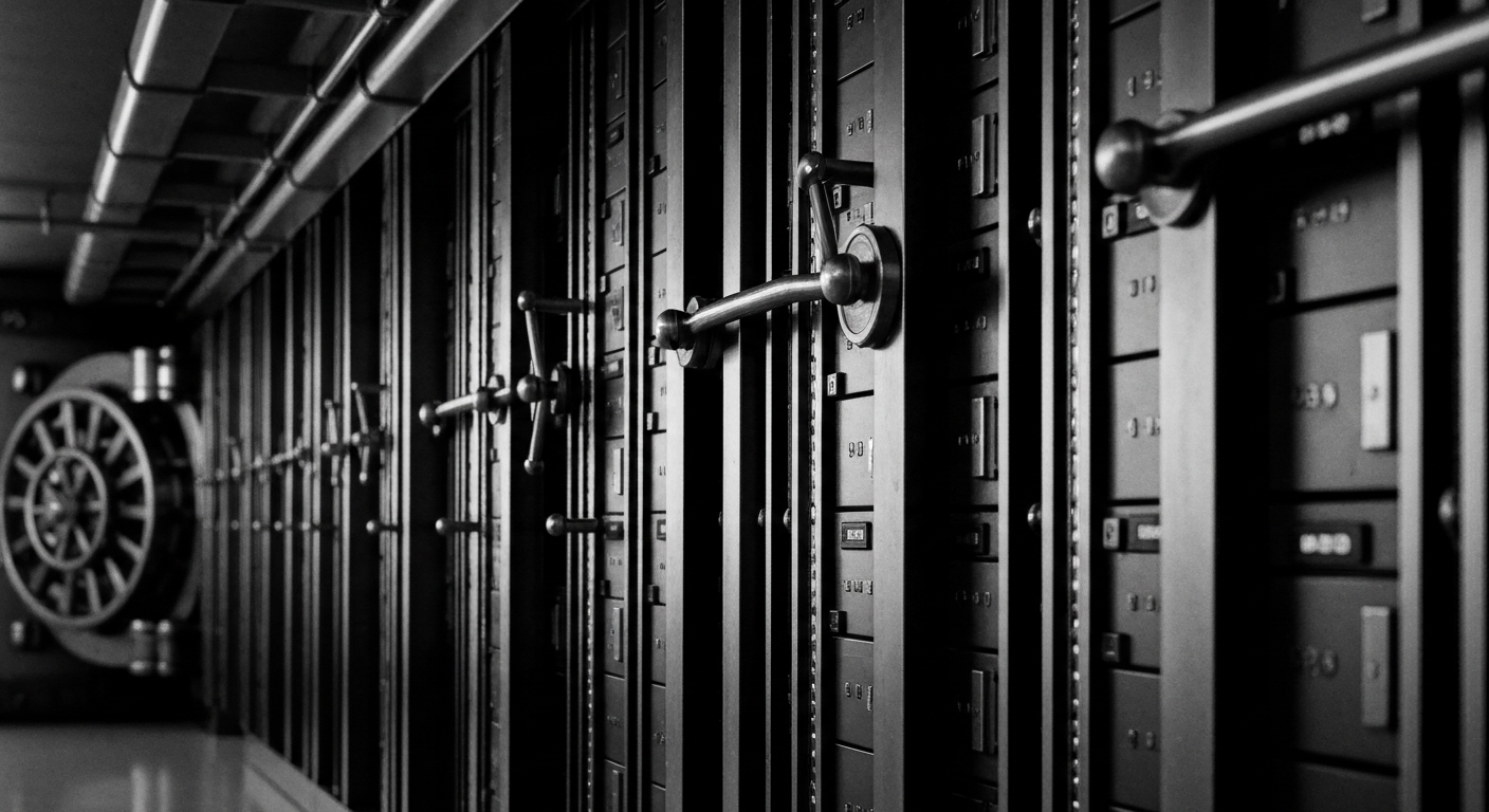 A high-contrast, black and white close-up image of heavy banking machinery and equipment, representing the institutional strength and operational backbone of Fifth Third Bancorp.