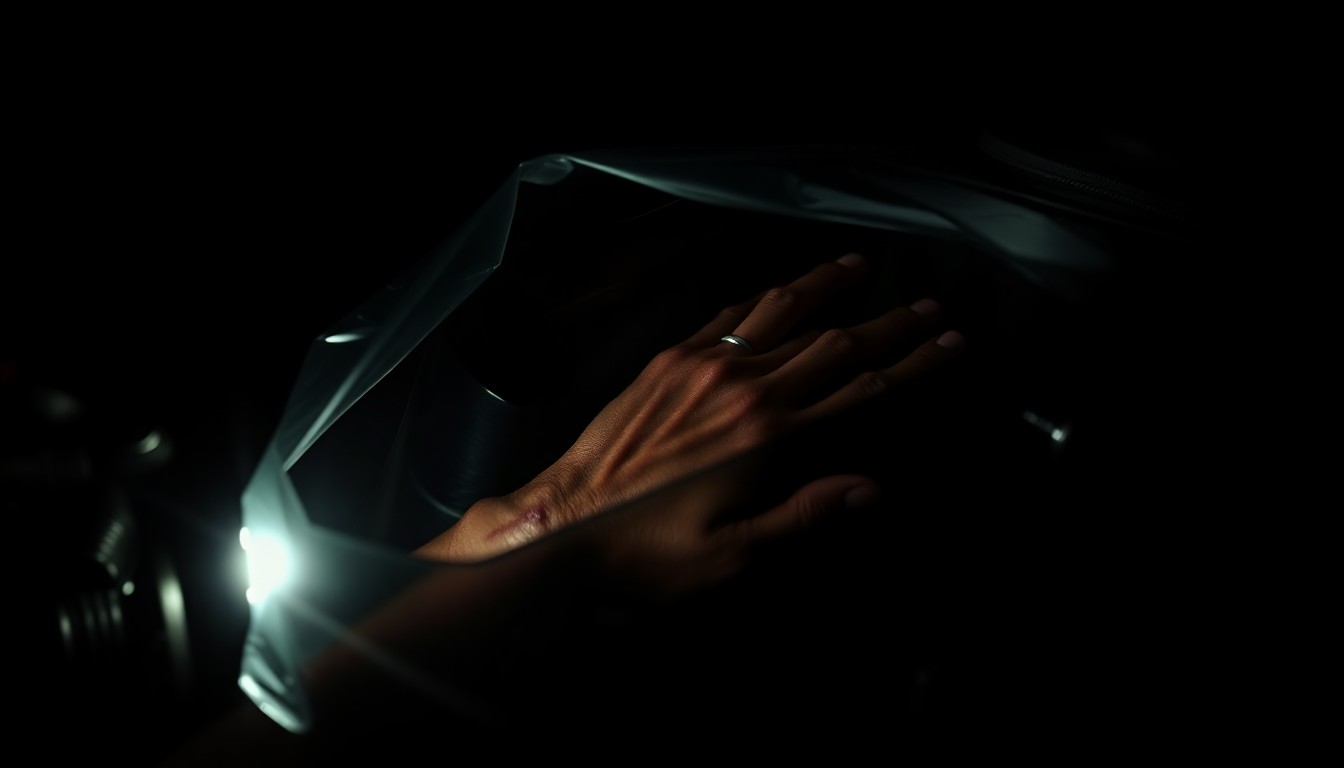 An extreme close-up photograph of a decomposed human hand partially visible in a black body bag, lit by a harsh, direct camera flash against a pitch-black background, conceptually illustrating the disturbing evidence found in this criminal case.
