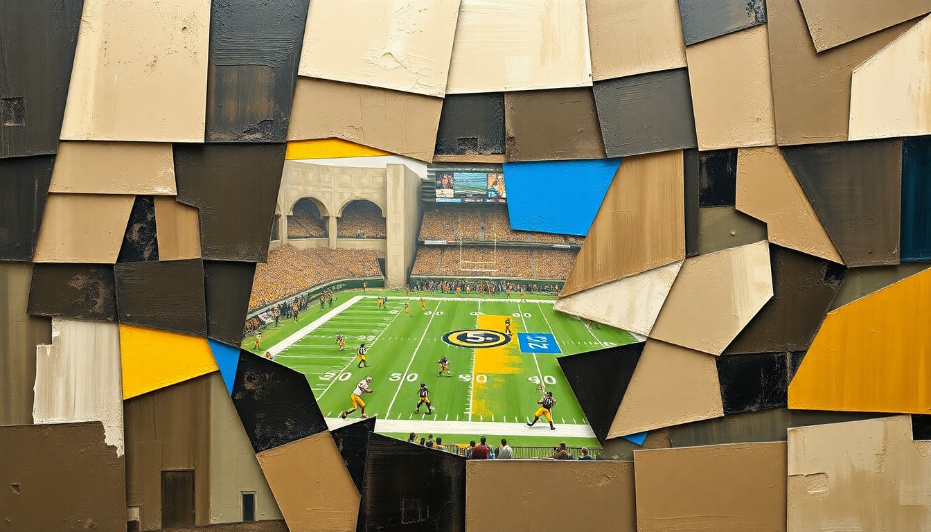 A cubist, geometric illustration depicting fragmented football players and NFL Draft elements in muted earth tones with pops of bright color, conveying the uncertainty surrounding the Steelers' quarterback situation.