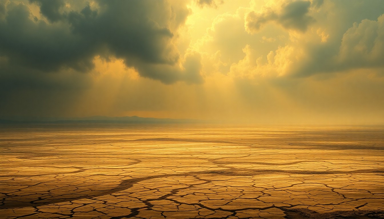 A vast, hazy landscape painting showing a cracked, parched earth under an oppressive sky, conveying the overwhelming power of the drought conditions.