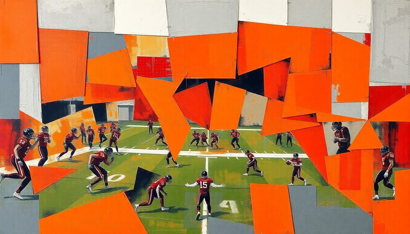A fractured, multi-perspective painting featuring sharp, overlapping geometric planes in burnt orange, scarlet red, and charcoal grey, conceptually representing the energy and intensity of a Texas Tech football practice.