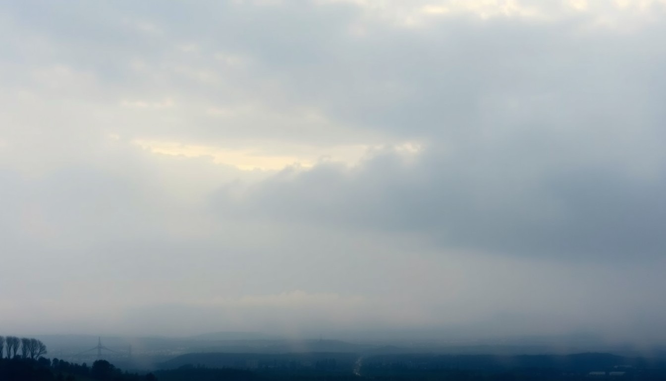 A hazy, atmospheric landscape painting depicting a distant, partially obscured cityscape under an overcast sky, conveying a sense of the overwhelming scale and power of nature.