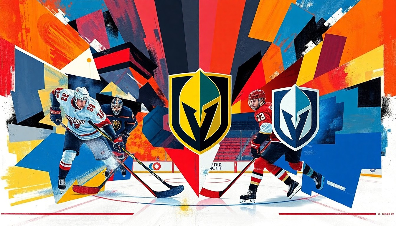 A cubist, geometric painting depicting a hockey game in motion, with the players and action broken down into sharp, overlapping planes of color representing the official palettes of the Utah Mammoth and Vegas Golden Knights.