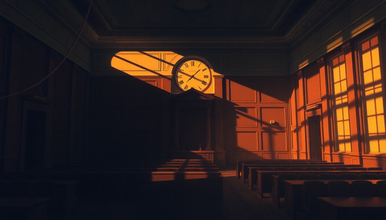 A serene, photorealistic painting of an empty city council chamber, with warm sunlight streaming through the windows and deep shadows cast across the room, conveying a sense of civic contemplation and quiet deliberation.