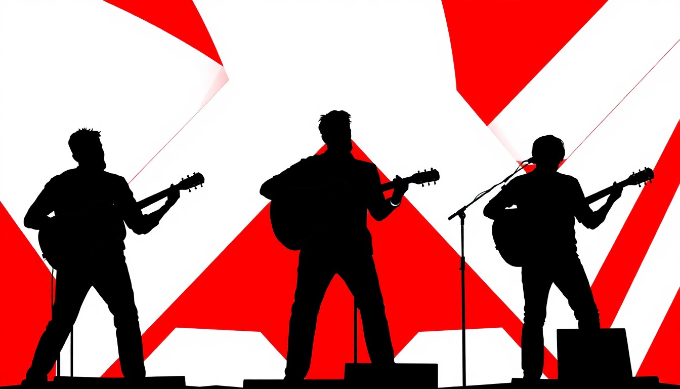 A minimalist, abstract illustration featuring stark black silhouettes of three musicians playing acoustic guitars against a vibrant red and white geometric background, capturing the indie folk sound and creative energy of the band Radio Ranch.