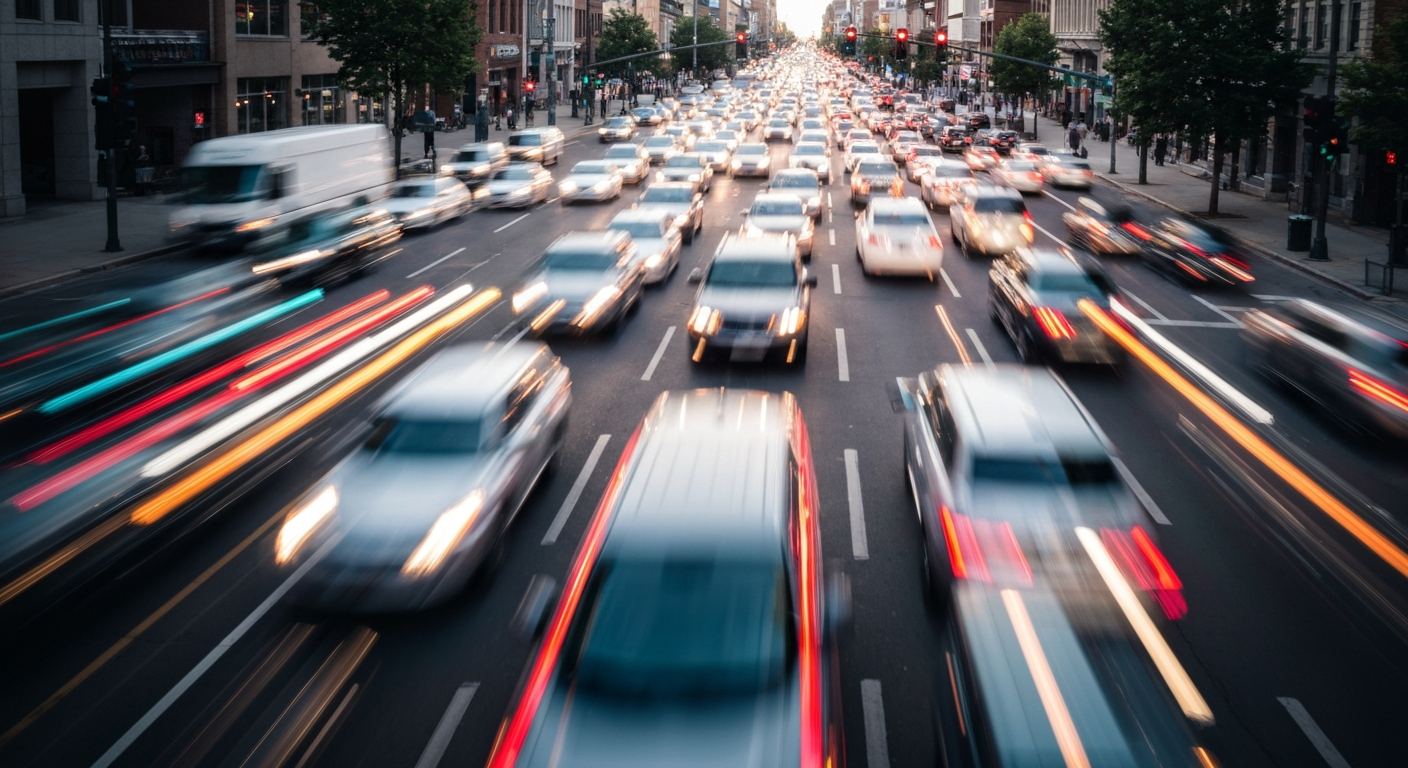 An abstract, impressionistic scene of blurred car and bicycle traffic in downtown Missoula, with vibrant streaks of color representing the flow of vehicles and people.