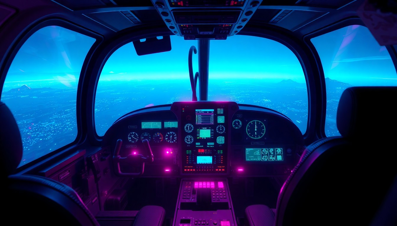 A highly detailed, glowing 3D illustration of the interior of an Apache helicopter cockpit, with neon cyan and magenta lights illuminating the various controls, displays, and instruments. The cockpit is surrounded by a futuristic, cyberpunk-inspired digital landscape, conceptually representing the mixed-reality training environment.