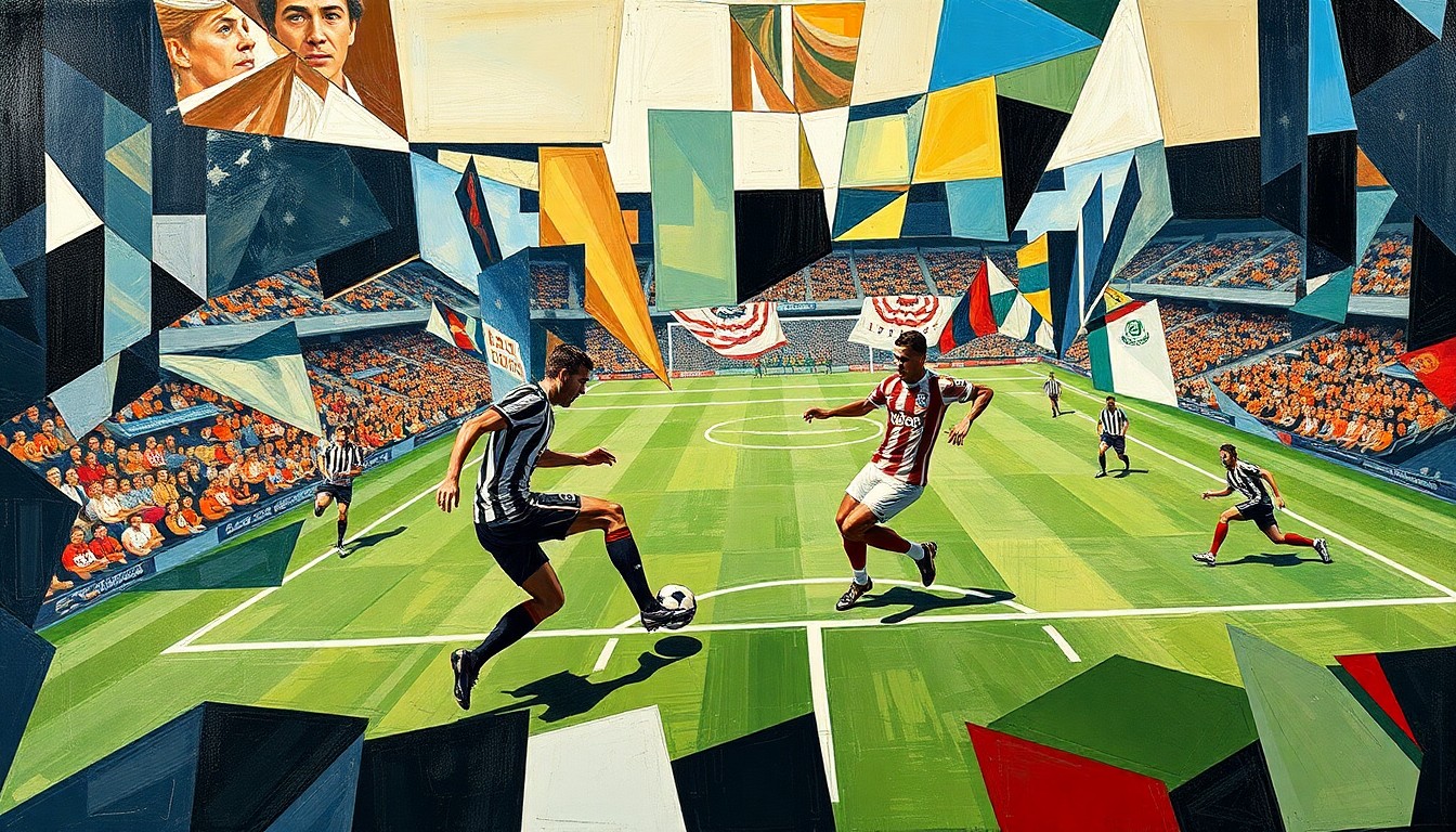 A cubist-style painting depicting the energy and movement of a soccer match, with players and the field broken down into sharp, overlapping geometric shapes and planes.