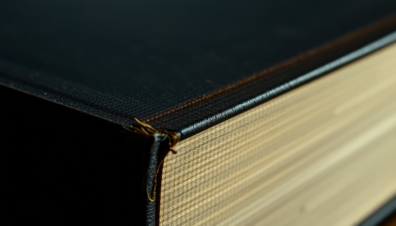 An extreme close-up photograph of a hardback book's spine and binding, with a harsh, direct camera flash illuminating the textured surface and creating a stark, gritty, investigative aesthetic.