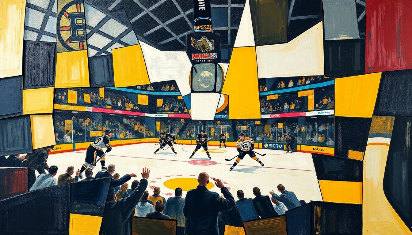 A cubist, geometric painting depicting the action and energy of a hockey game between two teams, with sharp, overlapping shapes and planes representing the competitive nature of the playoff matchup.