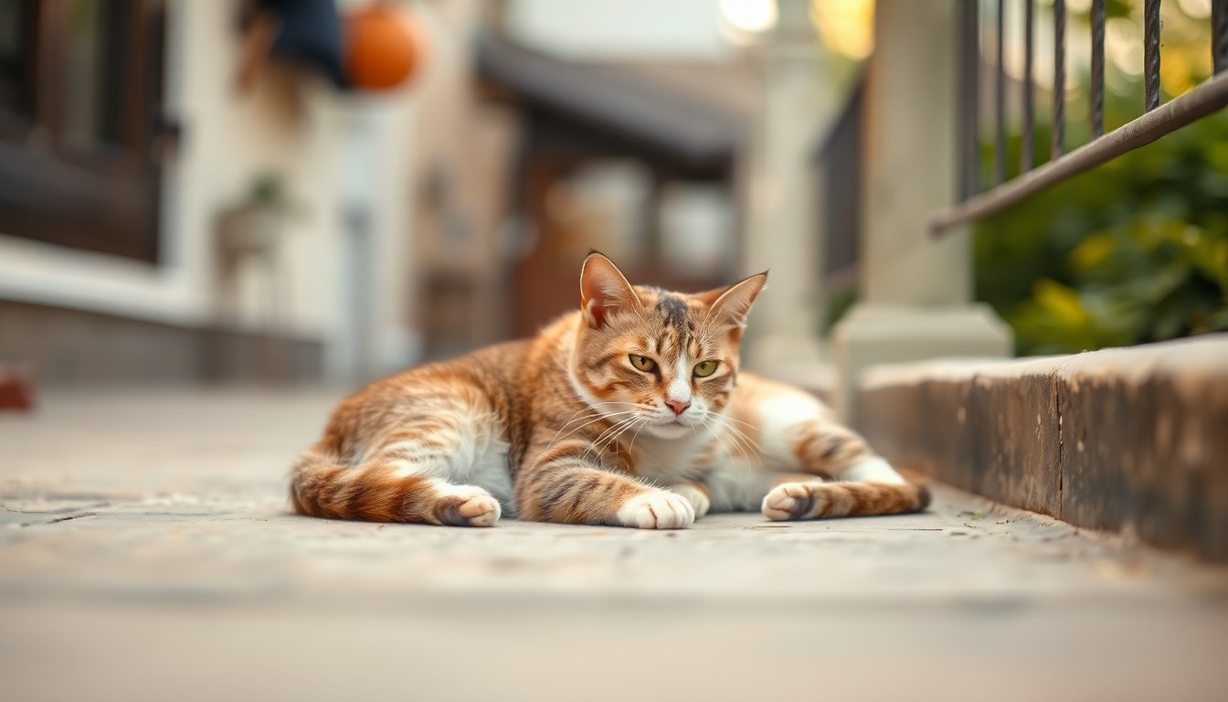 A softly focused photograph of a stray cat resting on a porch or sidewalk, with a hazy, out-of-focus background that conveys a sense of the everyday presence of community cats in local neighborhoods.