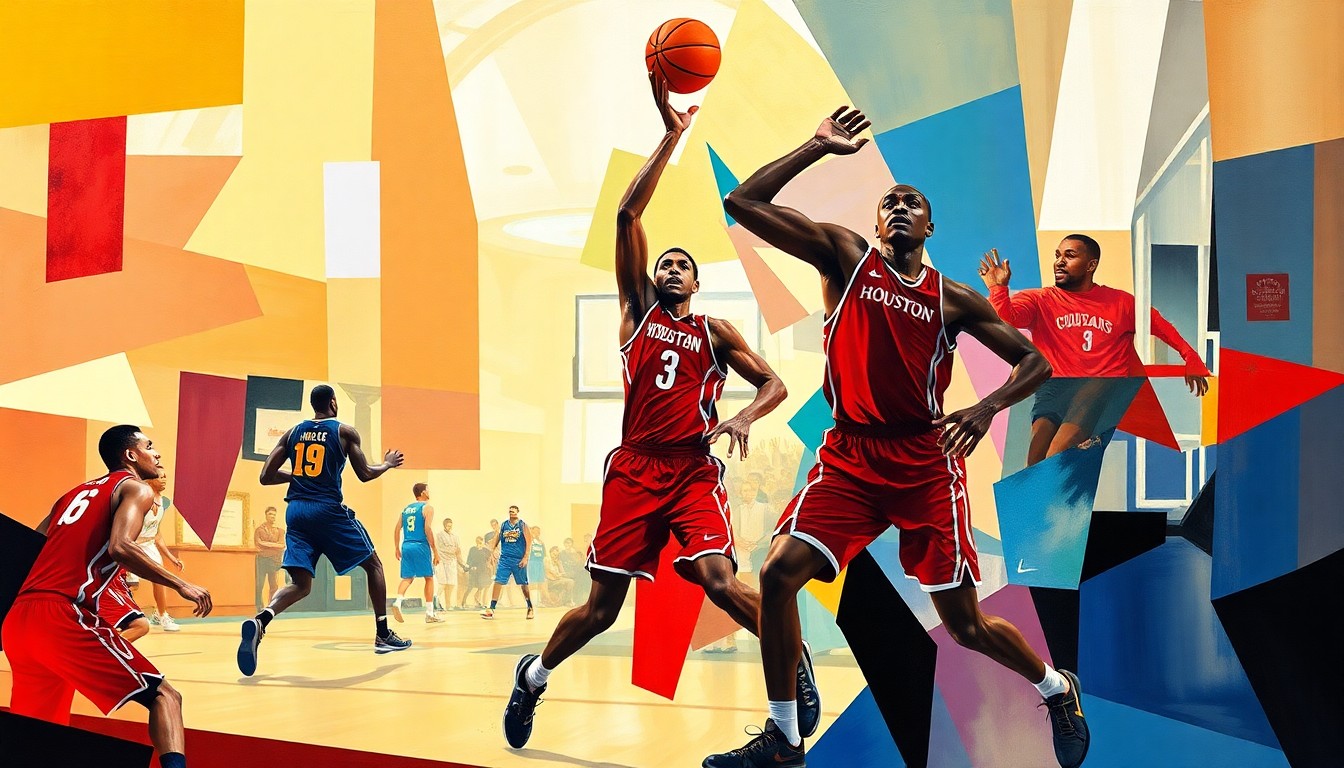 A fractured, multi-perspective painting in a cubist style, breaking down a basketball game into sharp, overlapping geometric planes of color and abstract shapes, capturing the dynamic energy and motion of the sport.