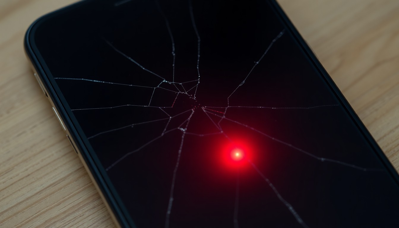 An extreme close-up of a cracked smartphone screen reflecting a faint red light, conceptually illustrating the disturbing exploitation of minors through digital technology.