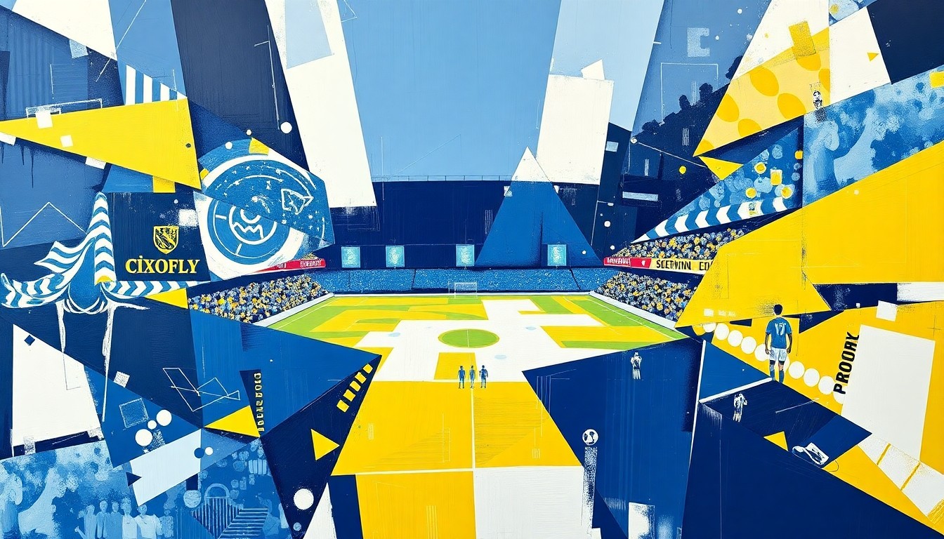 A fragmented, geometric painting depicting the intense action and competition of a Championship football match, with sharp planes of navy, white, yellow, and blue representing the two teams.