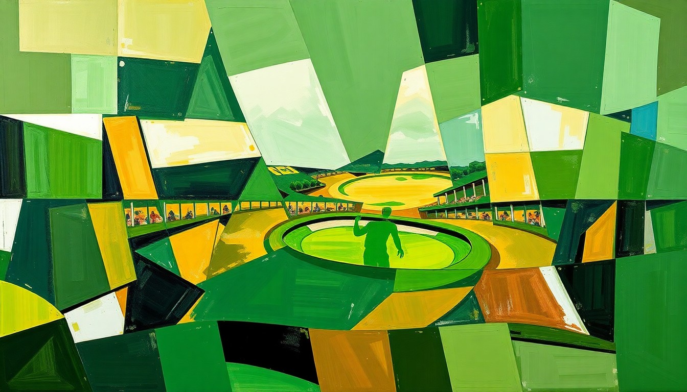 A cubist, geometric painting in shades of green, white, and brown, breaking down a golf scene into sharp, overlapping planes to convey a sense of emotional distress.