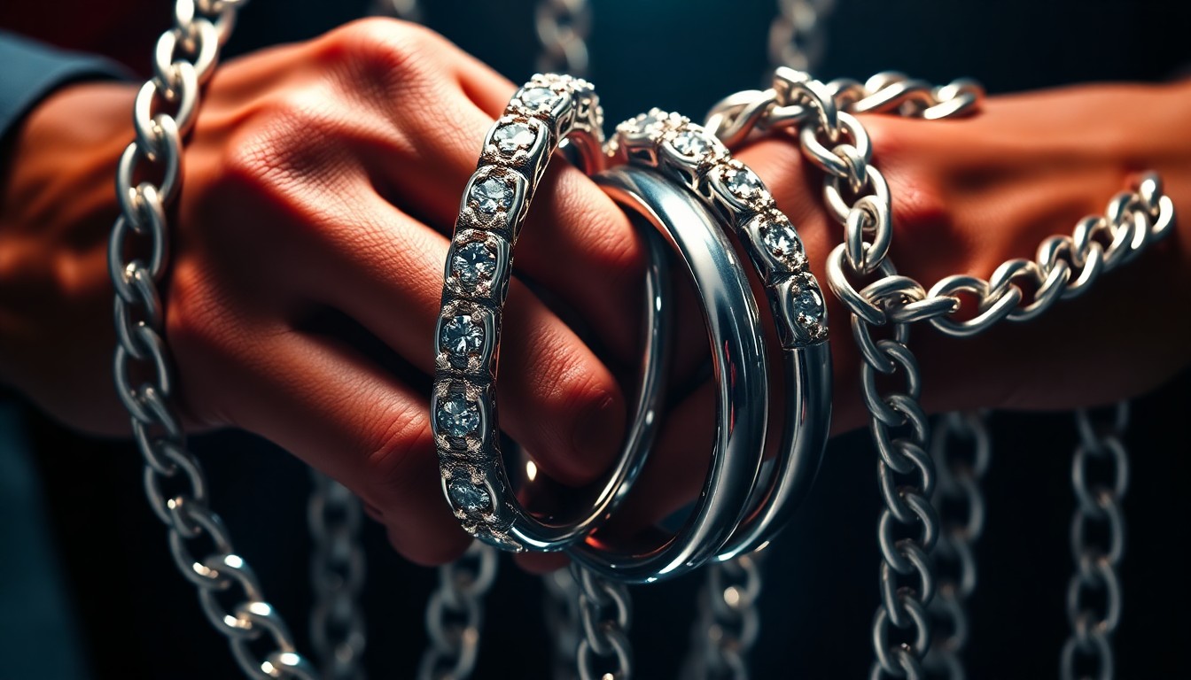 An abstract close-up photograph of shiny, interlocking metal rings and chains, capturing the glitz and luxury associated with celebrity relationships.