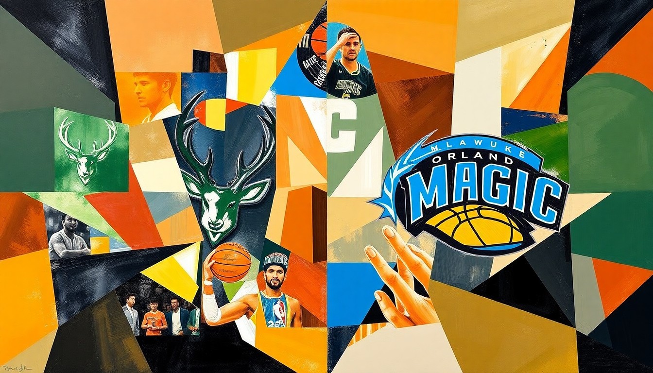 A fragmented, geometric painting depicting a basketball game or match, with players and the court broken down into sharp, overlapping planes of color and shape, representing the conceptual idea of a major NBA trade.