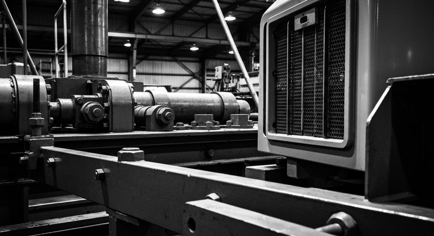 A high-contrast, black-and-white close-up image of heavy industrial machinery and equipment used in the production of specialty vehicles, conveying a sense of power and precision in Oshkosh's manufacturing capabilities.