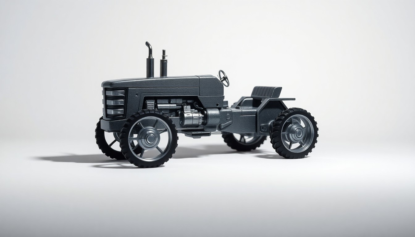 A photorealistic studio still life featuring a polished, geometric metal tractor model in shades of silver and chrome, resting on a clean white seamless background with dramatic studio lighting casting deep shadows, conceptually representing the abstract financial forces driving the company's stock performance.