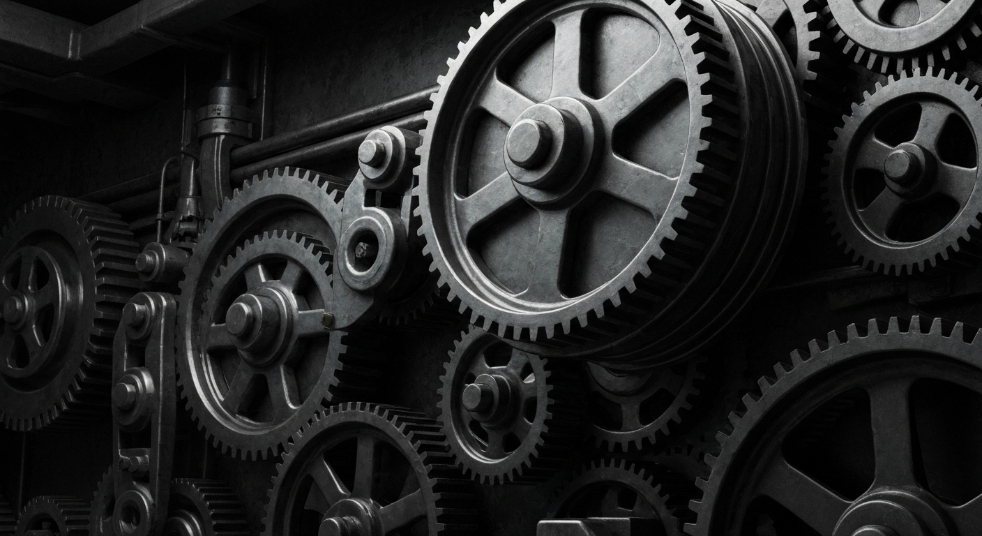A highly detailed, black-and-white close-up image of the intricate gears, pulleys, and other heavy industrial components that make up the financial infrastructure of a large media company, conveying a sense of the institutional power and complex mechanics underlying the entertainment business.
