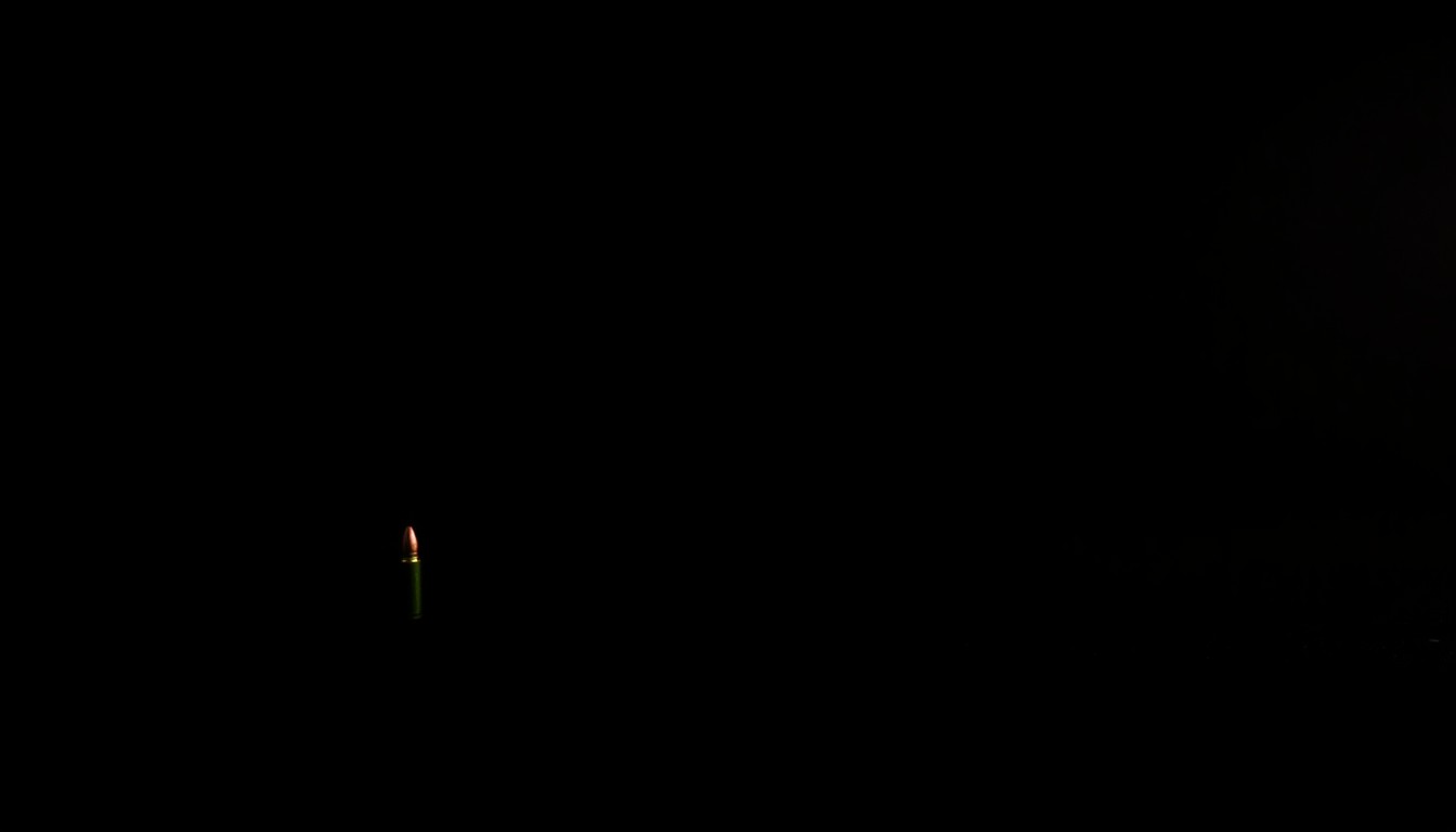 An extreme close-up photograph of a single spent bullet casing against a pitch-black background, the metallic texture and dramatic shadows creating a stark, gritty, investigative aesthetic.