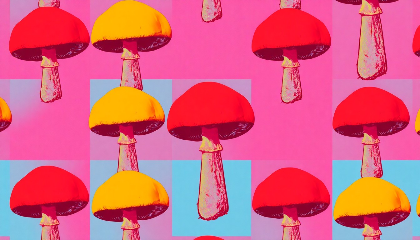 A highly stylized, abstract silkscreen print featuring a repeating pattern of a single psychedelic mushroom in vibrant neon colors, conceptually representing the spiritual and cultural importance of 4/20.